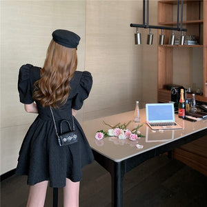 2021 Summer Sweet White Vintage Dress Korea Women Elegant Puff Sleeve Slim Waist Party Mini Dress Female