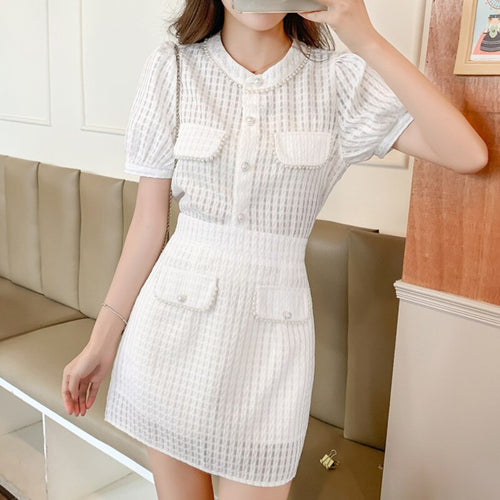 2021 Summer Two Piece Set Women Skirt Ensembles Femme Beading Small Fragrant Top High Waist Slim Skirts Suits Conjuntos De Mujer