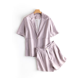 2021 Summer Two Pieces Cotton Linen Suits Women Short Sleeve Blazer Coat tops Blouse+Elastic Waist Short Pants Trousers Sets
