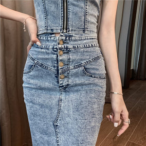 2021 Summer Two-piece Set Women Sexy Denim Vest Top + Bodycon Split pencil Skirts Suits for Woman