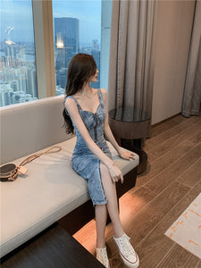 2021 Summer Two-piece Set Women Sexy Denim Vest Top + Bodycon Split pencil Skirts Suits for Woman