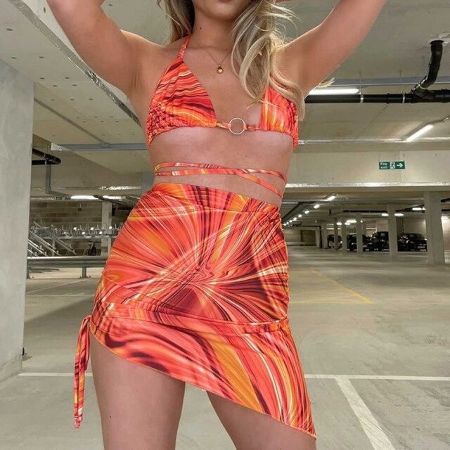 2021 Summer Vacation Women Sets 2 Pieces Bandage Halter Vest + Mini Skirt Print Suits Fashion New Female Sexy Tracksuits Costume