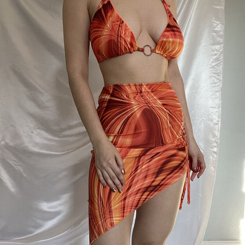 2021 Summer Vacation Women Sets 2 Pieces Bandage Halter Vest + Mini Skirt Print Suits Fashion New Female Sexy Tracksuits Costume