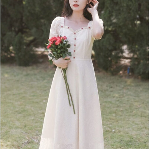 2021 Summer Vintage Fairy Dress Women Korean Designer Chic Solid A-line Lace Dress Romantic Cottagecore Puff Sleeve Midi Dresses
