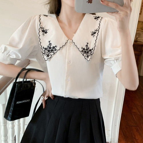 2021 Summer Vintage Women Chiffon Blouses Lady Sweet Peter Pan Collar Puff Short Sleeve Casual Blusas Tops