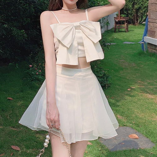 2021 Summer White 2 Piece Sets Womens Outfits Sexy Crop Tops Big Bow Vest Sweet Camisoles + Mini High Waist Organza Skirt Shorts