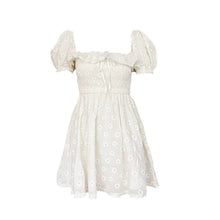Load image into Gallery viewer, 2021 Summer White Flower Beach Dress Woman Puff Sleeve Slash Collar Ruffled Daisy Embroidered Pleated Dresses Elegant Vintage