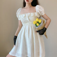 Load image into Gallery viewer, 2021 Summer White Flower Beach Dress Woman Puff Sleeve Slash Collar Ruffled Daisy Embroidered Pleated Elegant Vintage Dress Robe