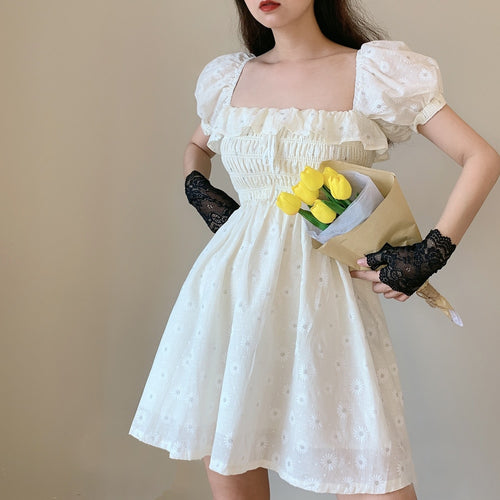 2021 Summer White Flower Beach Dress Woman Puff Sleeve Slash Collar Ruffled Daisy Embroidered Pleated Elegant Vintage Dress Robe