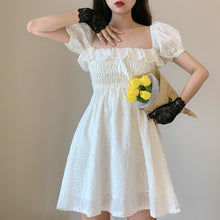 Load image into Gallery viewer, 2021 Summer White Flower Beach Dress Woman Puff Sleeve Slash Collar Ruffled Daisy Embroidered Pleated Elegant Vintage Dress Robe