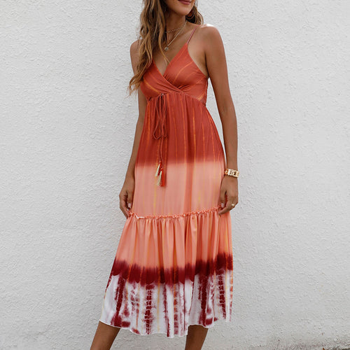 2021 Summer Women Dress Adjustable Spaghetti Shoulder Straps V-neck Print A Line Beach Party Dress High Waist Loose Mini Dress