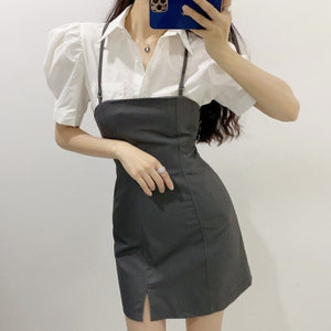 2021 Summer Women Dress Sets Korea White Puff Sleeve Turn Down Collar Blouse And Sexy Backless Sling Mini Dress Suits Vestidos