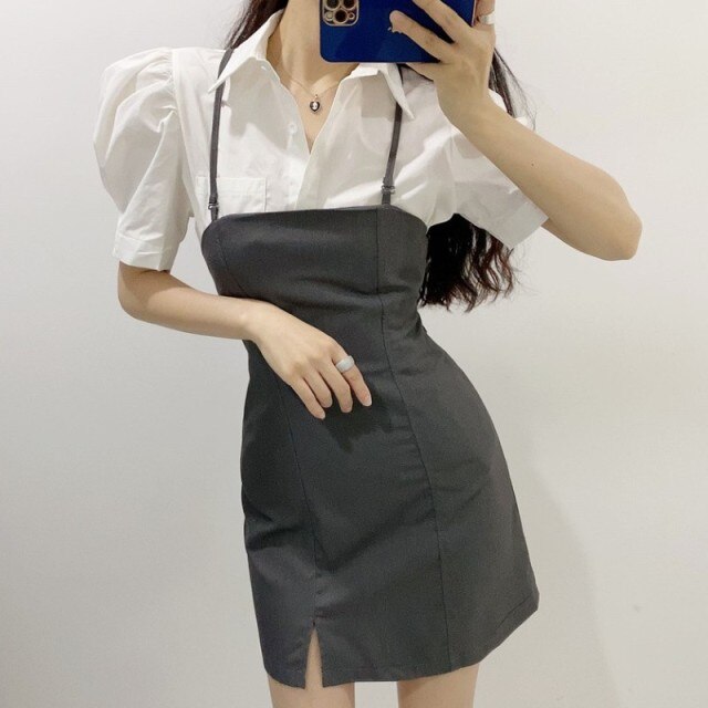2021 Summer Women Dress Sets Korea White Puff Sleeve Turn Down Collar Blouse And Sexy Backless Sling Mini Dress Suits Vestidos