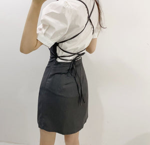 2021 Summer Women Dress Sets Korea White Puff Sleeve Turn Down Collar Blouse And Sexy Backless Sling Mini Dress Suits Vestidos