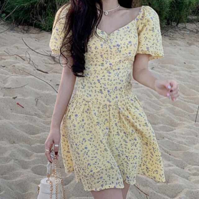 2021 Summer Women Elegant Chic Puff Sleeve Mini Dress Sweet Floral Print Ruffle Robe Female Fashion Holiday Beach Korean Vestido