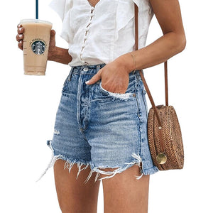 2021 Summer Women Fringed Jeans High Waist Fashion Streetwear Ripped Hole Straight Ladies Mini Denim Shorts Feminino