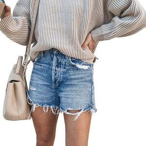 2021 Summer Women Fringed Jeans High Waist Fashion Streetwear Ripped Hole Straight Ladies Mini Denim Shorts Feminino