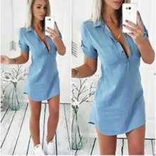 Load image into Gallery viewer, 2021 Summer Women Sexy Denim Blouses Turn-Down Collar Ladies Short Sleeve Long  Shirts Fashion Blue Denim Shirts Roupa Feminina