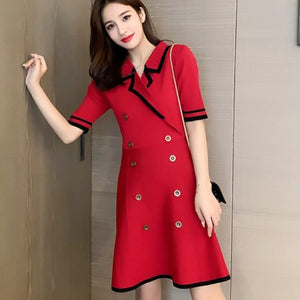 2021 Summer Women Short Sleeve Double-breasted A-Line Knitting Dress Office Ladies Casual Mini Dress