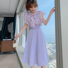 Load image into Gallery viewer, 2021 Summer Women Two Piece Set Elegant Chiffon Ruffles Bow Tie Shirt Top + High Waist Big Swing Long Skirt Outfit