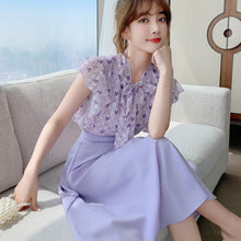 Load image into Gallery viewer, 2021 Summer Women Two Piece Set Elegant Chiffon Ruffles Bow Tie Shirt Top + High Waist Big Swing Long Skirt Outfit