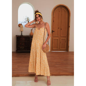 2021 Summer Women's Fashion Casual Print Deep V Neck Spaghetti Straps Sleeveless Backless Loose Waist Floor Lenght Dress Ladies