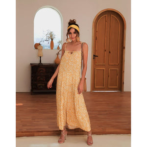 2021 Summer Women's Fashion Casual Print Deep V Neck Spaghetti Straps Sleeveless Backless Loose Waist Floor Lenght Dress Ladies