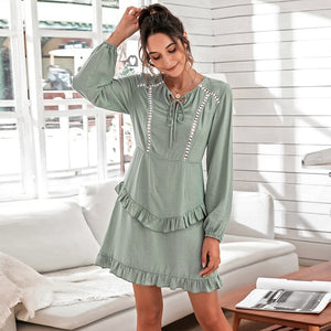 2021 Summer Women's Fashion Casual Solid O Neck Puff Long Sleeve Hollow Out Bow Empire Package Hip Mini Dress Ladies Slim Basic