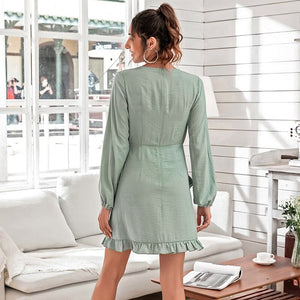 2021 Summer Women's Fashion Casual Solid O Neck Puff Long Sleeve Hollow Out Bow Empire Package Hip Mini Dress Ladies Slim Basic