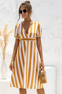 2021 Summer Women's Fashion Casual Stripe Deep V Neck Patchwork Short Sleeve Zippers A Line Knee Lenght Dress Ladies Basic Slim