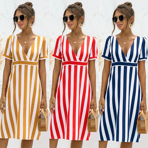 2021 Summer Women's Fashion Casual Stripe Deep V Neck Patchwork Short Sleeve Zippers A Line Knee Lenght Dress Ladies Basic Slim