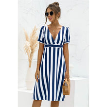 Load image into Gallery viewer, 2021 Summer Women&#39;s Fashion Casual Stripe Deep V Neck Patchwork Short Sleeve Zippers A Line Knee Lenght Dress Ladies Basic Slim