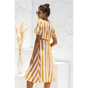 2021 Summer Women's Fashion Casual Stripe Deep V Neck Patchwork Short Sleeve Zippers A Line Knee Lenght Dress Ladies Basic Slim