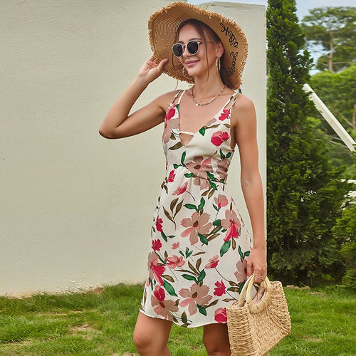 2021 Summer Women's Fashion Sexy Print Deep V Neck Spaghetti Straps Hollow Out Sleeveless Backless A Line Mini Dress Ladies Slim