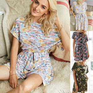 2021 Summer Women's Fashion Sexy Print O Neck Short Sleeve Hollow Out Tunic Lace Up Empire Pockets Playsuits Ladies Loose Basic