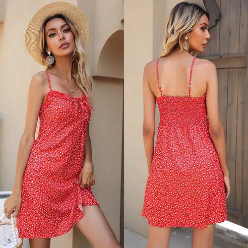 2021 Summer Women's Fashion Sexy Print V Neck Sapghetti Straps Bow Sleeveless Backless Shirring Ruffles A Line Mini Dress Ladies