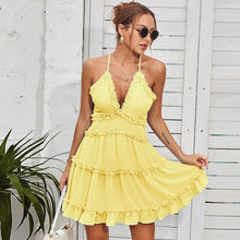 Load image into Gallery viewer, 2021 Summer Women&#39;s Fashion Sexy Solid Spaghetti Straps Ruffles Deep V Neck Sleeveless Backless Empire Pleated Mini Dress Ladies