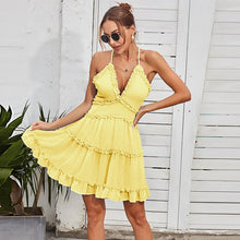 Load image into Gallery viewer, 2021 Summer Women&#39;s Fashion Sexy Solid Spaghetti Straps Ruffles Deep V Neck Sleeveless Backless Empire Pleated Mini Dress Ladies