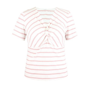 2021 Summer Women's Knitted Pink Striped V-Neck T-Shirt Top Casual Commuter