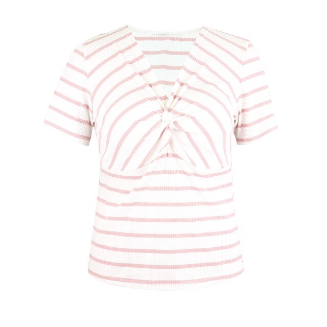 2021 Summer Women's Knitted Pink Striped V-Neck T-Shirt Top Casual Commuter