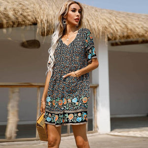 2021 Summer Women's New Style V-neck Pullover Print Short-sleeved Loose Dress Mini Fashion Elegant Women's Casual Dress Vestidos