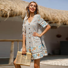 Load image into Gallery viewer, 2021 Summer Women&#39;s New Style V-neck Pullover Print Short-sleeved Loose Dress Mini Fashion Elegant Women&#39;s Casual Dress Vestidos