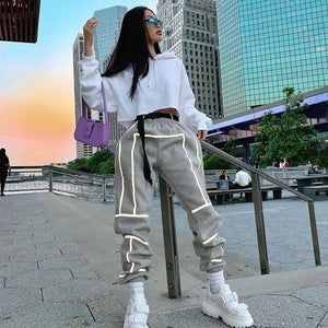 2021 Summer Women's Pants Casual Sports Reflective Striped Sweatpants Loose Lady High Street Cropped Pants