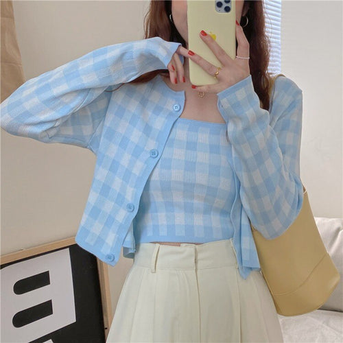 2021 Summer Women's Plaid Knitted Women's Sweet Single-Breasted Cardigan Top and Sexy Vest Ladies Two Piece Set