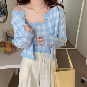 2021 Summer Women's Plaid Knitted Women's Sweet Single-Breasted Cardigan Top and Sexy Vest Ladies Two Piece Set