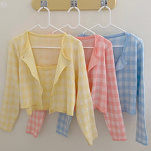Load image into Gallery viewer, 2021 Summer Women&#39;s Plaid Knitted Women&#39;s Sweet Single-Breasted Cardigan Top and Sexy Vest Ladies Two Piece Set