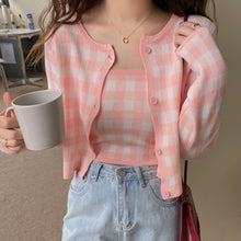 Load image into Gallery viewer, 2021 Summer Women&#39;s Plaid Knitted Women&#39;s Sweet Single-Breasted Cardigan Top and Sexy Vest Ladies Two Piece Set