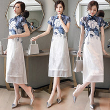 Load image into Gallery viewer, 2021 Summner Retro Floral Printed Women Dress Stand Collar Half Sleeve Improved Cheongsam Blue and white Ink Elegant Dress