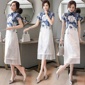 2021 Summner Retro Floral Printed Women Dress Stand Collar Half Sleeve Improved Cheongsam Blue and white Ink Elegant Dress