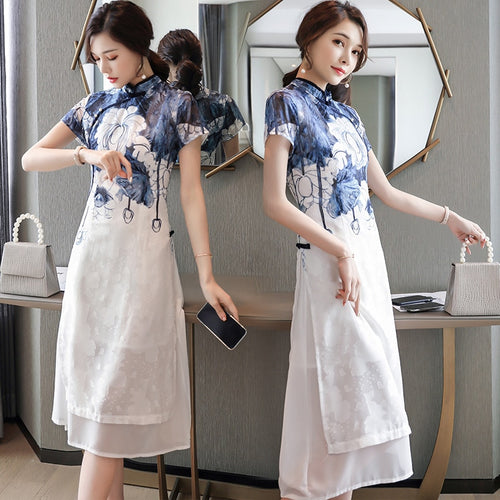 2021 Summner Retro Floral Printed Women Dress Stand Collar Half Sleeve Improved Cheongsam Blue and white Ink Elegant Dress